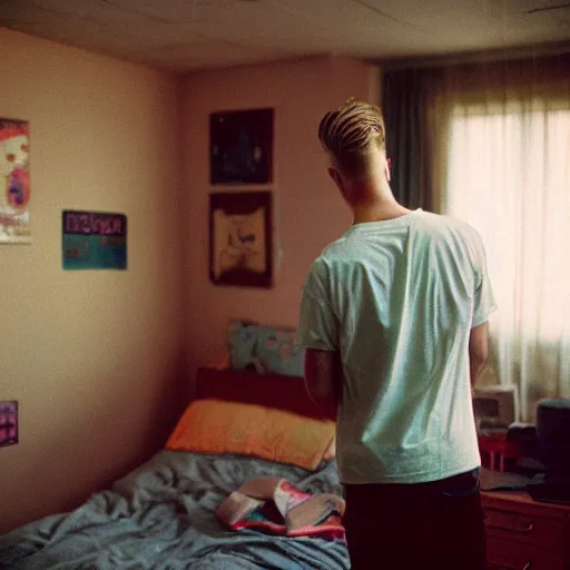 Image similar to kodak portra 4 0 0 photograph of a skinny blonde guy standing in cluttered 9 0 s bedroom, back view, moody lighting, telephoto, 9 0 s vibe, retro, blurry background, vaporwave colors, faded!,