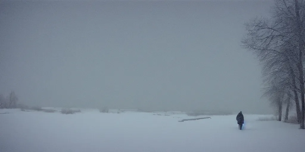 Prompt: photo of green river, wyoming covered in ice and snow, during a snowstorm. a old man in a trench coat and a cane appears as a hazy silhouette in the distance, looking back over his shoulder. cold color temperature. blue hour morning light, snow storm. hazy atmosphere. humidity haze. kodak ektachrome, greenish expired film, award winning, low contrast.