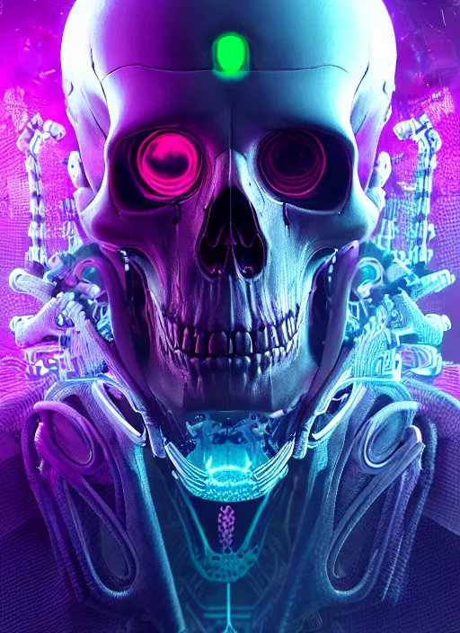 Prompt: a futuristic skull with glowing eyes and a purple background, fractal made of skulls, cyberpunk art by android jones, behance contest winner, computer art, darksynth, synthwave, rendered in cinema 4 d