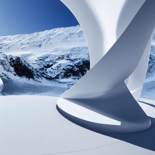 Image similar to perfume bottle standing on a white zen clean modern minimalist white counter in front of large circular portal with mountain view, frozen and covered in ice, by peter tarka and zaha hadid octane highly render, 4 k, ultra hd,