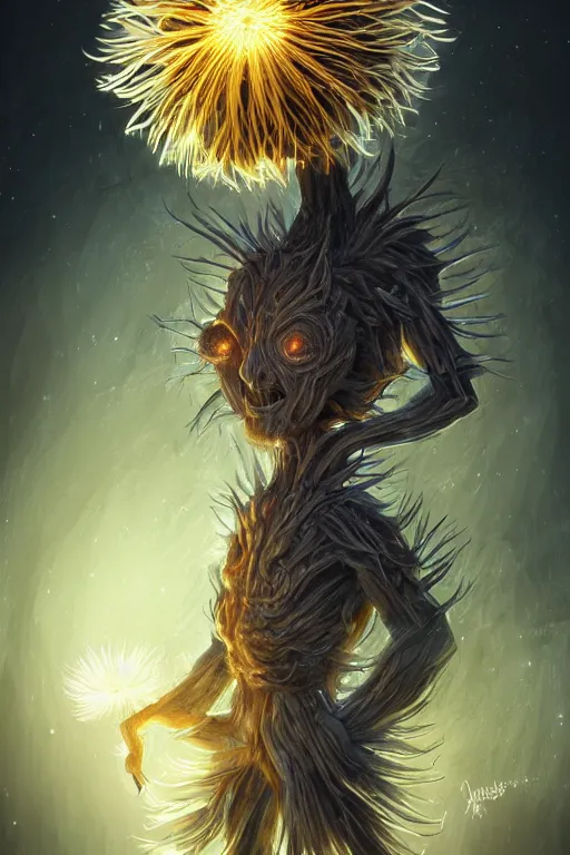 Image similar to a glowing humanoid figure dandelion monster with large glowing eyes, highly detailed, digital art, sharp focus, trending on art station, artichoke, anime art style