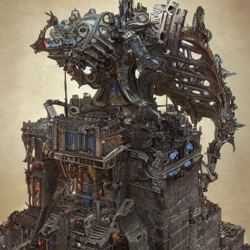 Image similar to machine god rebuilding itself, fantasy, d & d, intricate, detailed, detailed, trending on artstation, trending on artstation, smooth