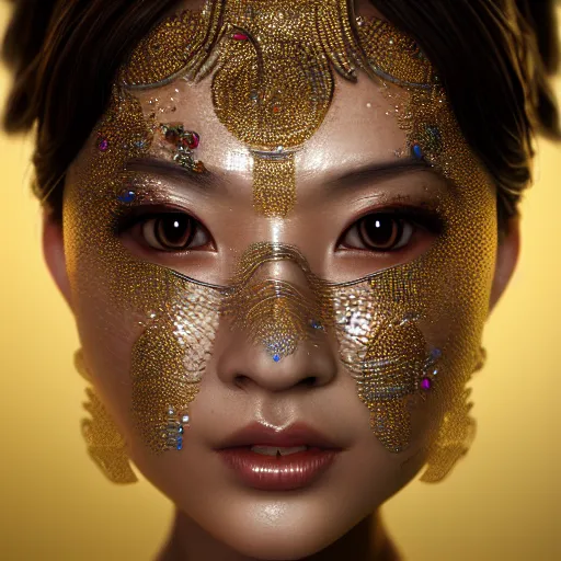 Prompt: asian woman closeup face portrait, face covered with chrome liquid stripes and glowing gems, highly detailed face, elegant pose, intricate, extremy detailed, cgsociety, unreal engine, octane render,, highly detailed 4 k art