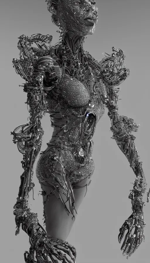 Image similar to full body detailed, ethereal, biomechanical, covered in diamonds and other gems glowing, highly detailed face, elegant posed, intricate, extremy detailed, beeple, cgsociety, 3 d unreal engine octane render. cinematic lighting, highly detailed 4 k art