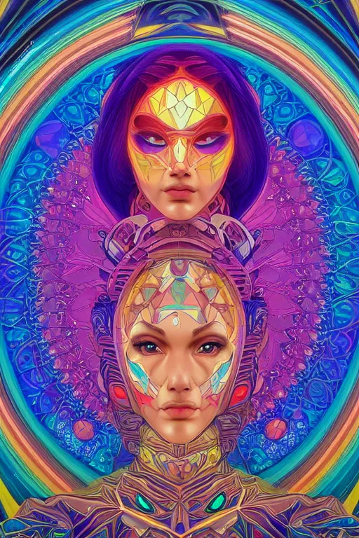 Image similar to beautiful goddess of space and dreams, psychedelic, mandala, coherent design, symmetrical, face by artgerm, trending on artstation, vivid color, complementary color, golden ratio, detailed, sharp lines, sharp focus, intricate, rainbowshift, maxfield parrish, alphonse mucha, deviantart, octane render