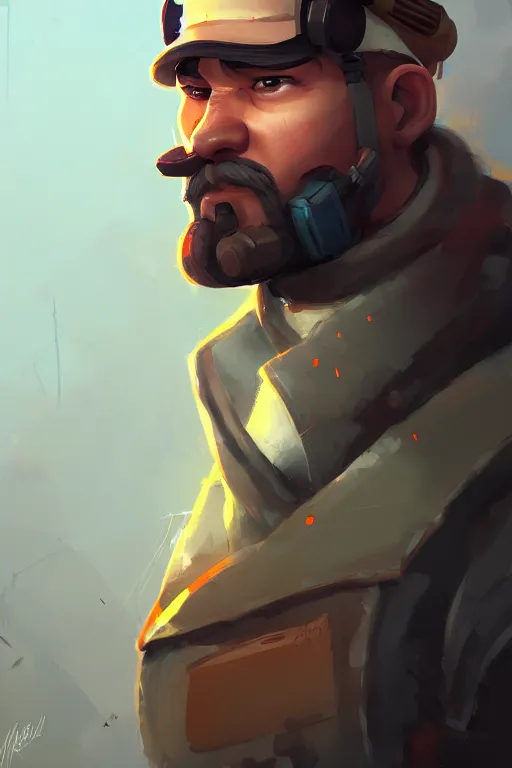 Prompt: beautiful highly detailed realistic stylized character portrait team fortress 2 engineer, detailed character concept art master portrait by ismail inceoglu, trending on artstation