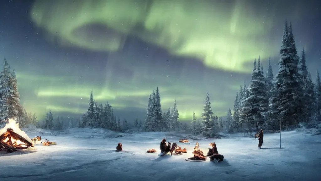 Image similar to beautiful render of a winter landscape, unreal engine, night, majestic snowy mountains, dramatic aurora borealis, stars, sitting around the campfire, group of indigenous people, soft light, by greg rutkowski, cgsociety