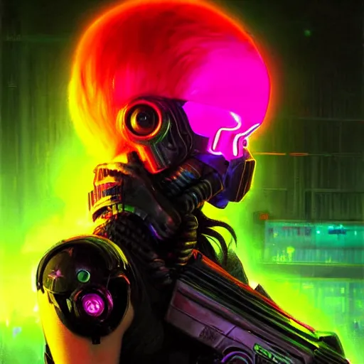 Prompt: a sexy cybergoth Doom Slayer, dystopian mood, vibrant colors, neon, sci-fi character portrait by gaston bussiere, craig mullins