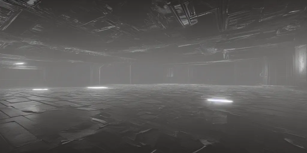 Prompt: a long angle shot of a big dark room with white lights on the celling, highly detailed, unreal engine, 4 k, dark, moody, game render, hyper realistic