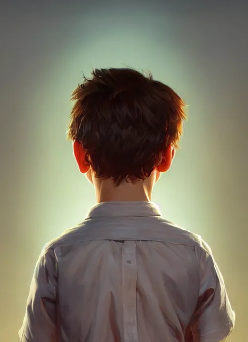 Image similar to perfectly - portrait of a boy wearing shirt from behind, backlighting, intricate, highly detailed, digital painting, artstation, concept art, smooth, sharp focus, illustration, unreal engine 5, 8 k, art by artgerm and greg rutkowski and alphonse mucha