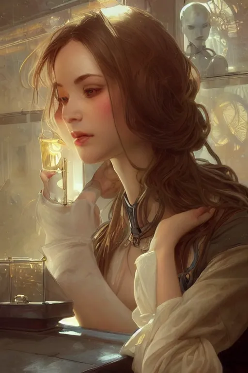 Image similar to an attractive serene cute android in a cafe, partially human , partially biomedical design , natural atmosphere, great high details, highly reaslitic, cinematic lighting, intricate, elegant, super highly detailed, art station, concept arD, beautiful, delicate, art by artgerm and greg rutkowski and alphonse mucha and loish and WLOP