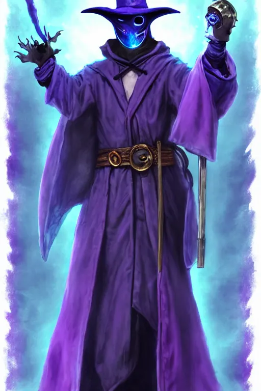 Image similar to a plague doctor with a blue wizard robes as a d & d character, blue robe, magical, blue highlights, hip hop aesthetic, purple evil aura, concept sheet, painting by gaston bussiere, demon slayer, akiri toriyama, dramatic lighting, purple lighting, anime