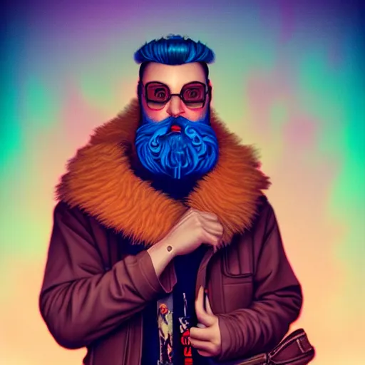 Prompt: Lofi vaporwave cyberpunk bearded man, Pixar style, Tristan Eaton, Stanley Artgerm, Tom Bagshaw