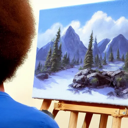 Image similar to a closeup photorealistic photograph of bob ross working on a canvas painting of cookie monster. film still. brightly lit scene. mountains and trees. this 4 k hd image is trending on artstation, featured on behance, well - rendered, extra crisp, features intricate detail, epic composition and the style of unreal engine.