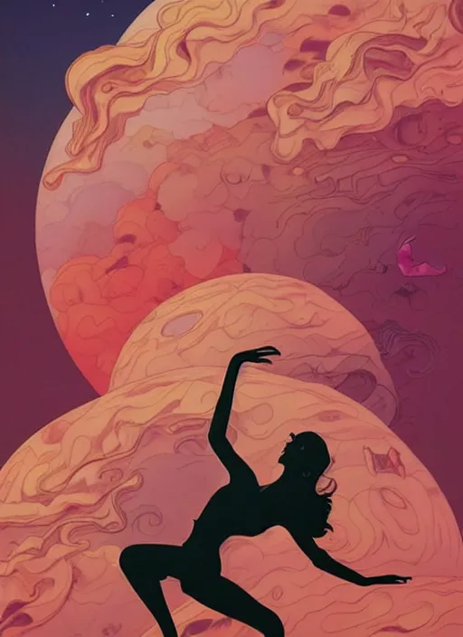 Prompt: poster artwork by michael whelan and tomer hanuka, a portrait of beautiful sensual dancing in the clouds of jupiter, clean