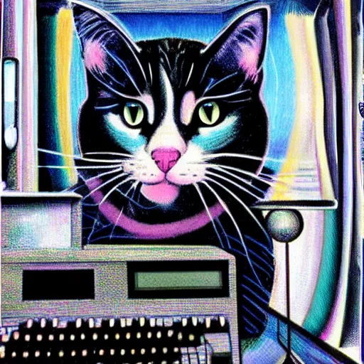 Image similar to cat merged with a computer monitor, surreal, colorful, artwork by Ralph Bakshi