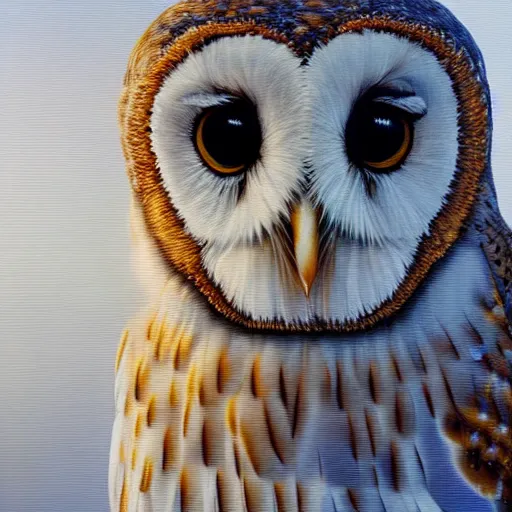 Prompt: hyperrealistic oil painting of a metallic barn owl, by range murata and beeple and monet.