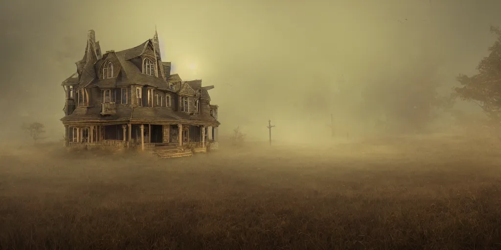 Image similar to creepy view of haunted house with many attractions, fog, rain, volumetric lighting, beautiful, golden hour, sharp focus, highly detailed, cgsociety