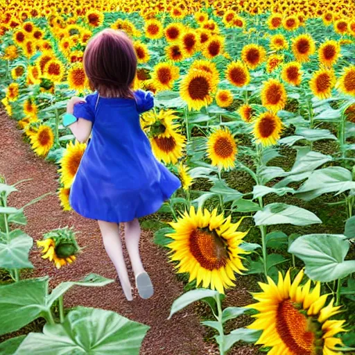 Prompt: Anime young girl in the style of Kyoto Animation running through a field of sunflowers