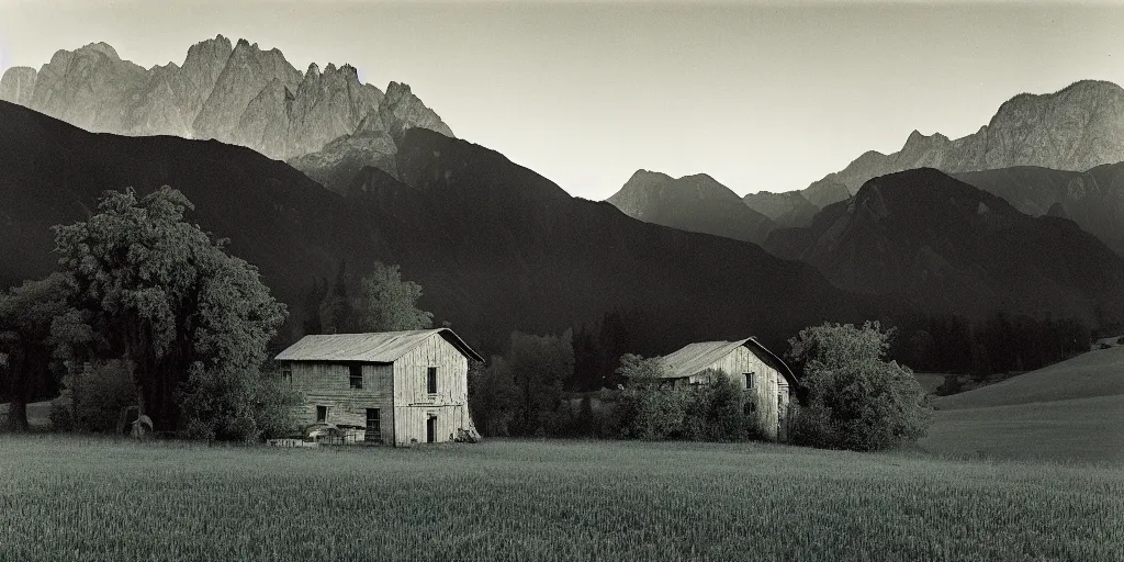 Prompt: photo of a small farm house in a valley with meadows and mountains in the background, photograph by Ansel Adams, at dusk