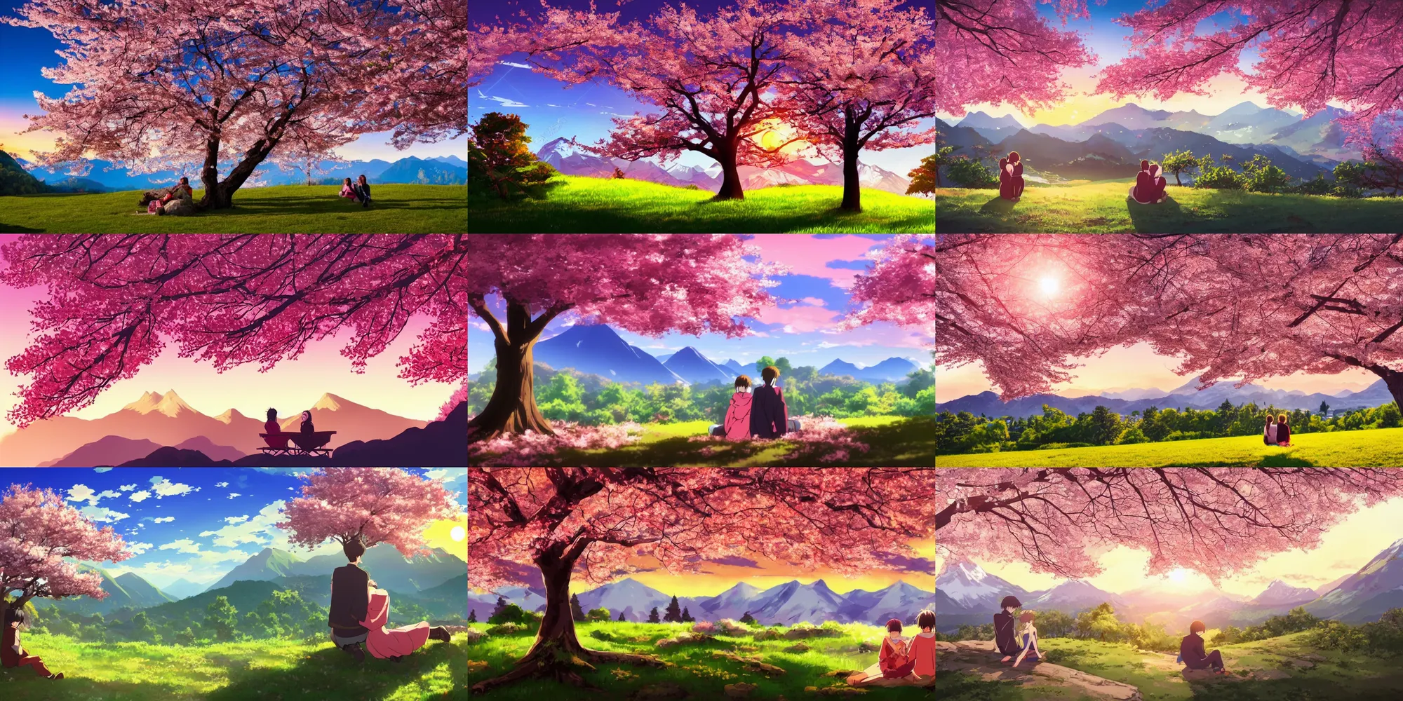 Image similar to A beautiful landscape, trees with cherry blossoms in the foreground, mountains and sunset in the background. Under a tree sits a young couple, anime style