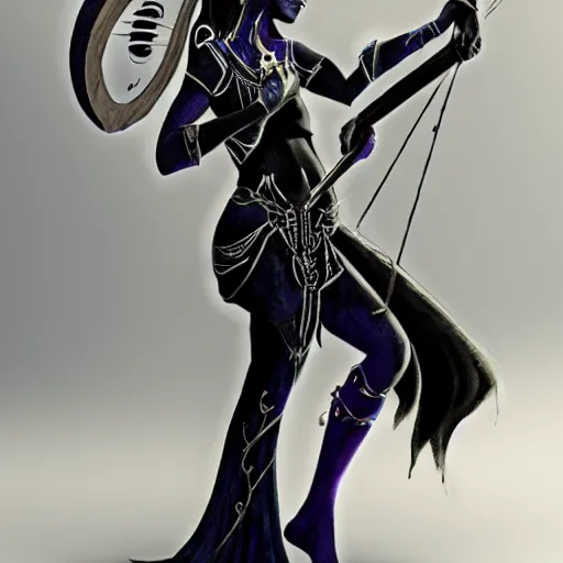 Prompt: female drow bard playing harp, dnd, crisp hard light