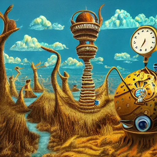 Image similar to surrealist landscape, clock melting, ant city, painting, highly detailed