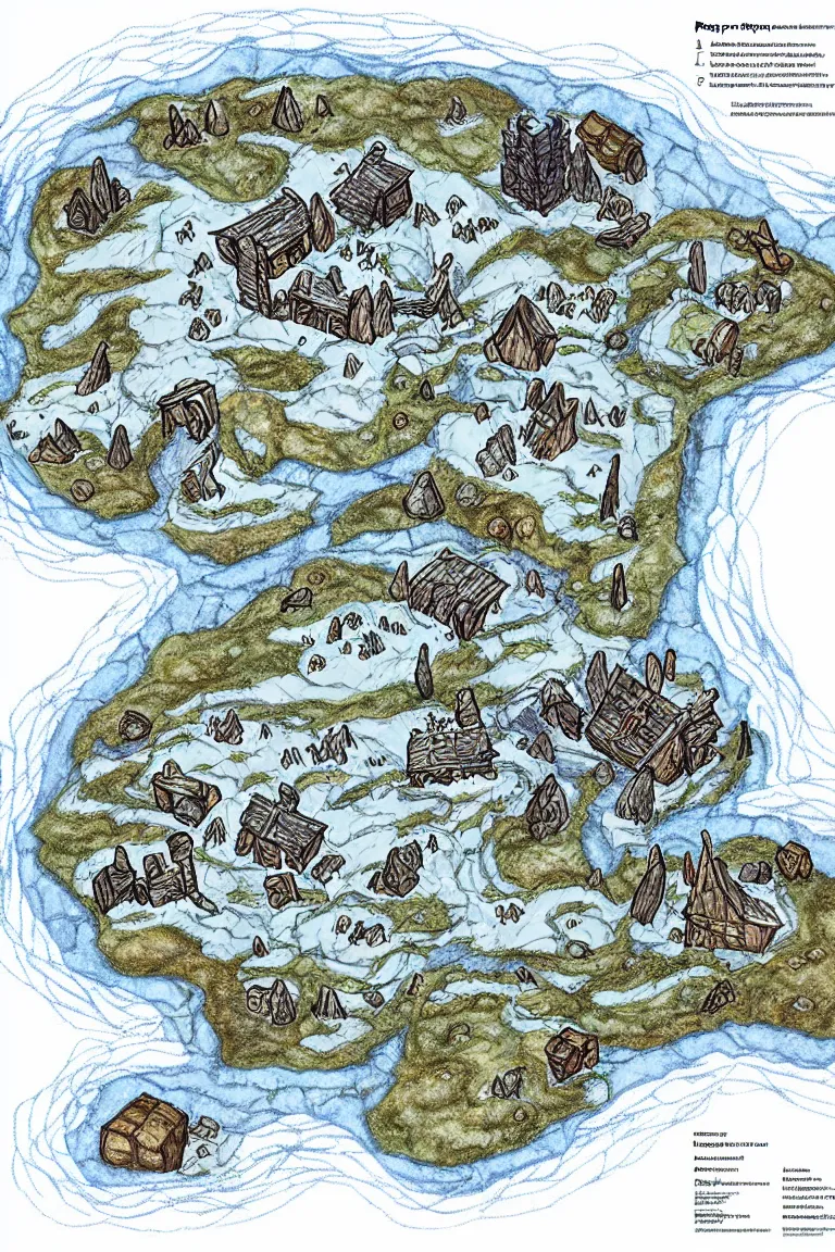 Prompt: top down map of rpg frozen region with a abandoned mine drawn by j. r. r. tolkien