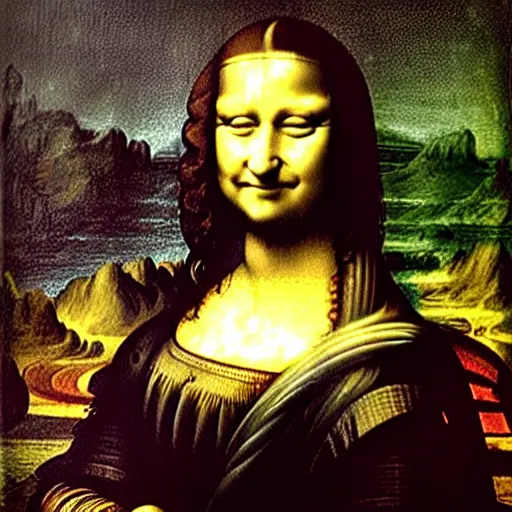 Prompt: a photo of Monalisa while painting a portrait of Leonardo Da Vinci,