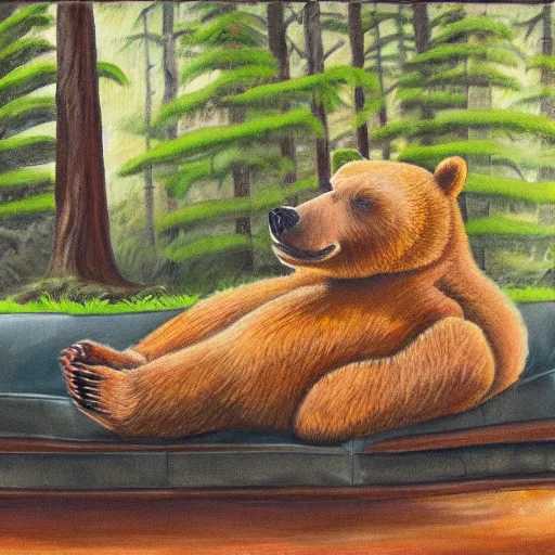 Prompt: A painting of a bear lounging on a couch in the middle of the forest