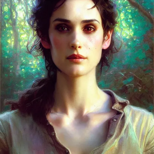 Prompt: portrait of youth winona ryder dressed in t - shirt. highly detailed painting by gaston bussiere, craig mullins, j. c. leyendecker, close shot, 8 k realistic, cryengine, frostbite 3 engine, sharp focus, trending on pinterest, trending on artstation, trending on deviantart