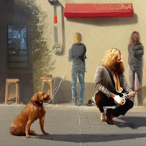 Image similar to oil painting of a young man with long hair blond and a beard hippie style with his golden retrever dog playing guitar in the square for money, people watching around, by greg rutkowski, artstation