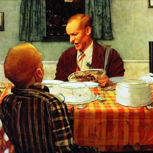 Image similar to fat orange tabby cat next to curly haired man and lasagna on table, norman rockwell