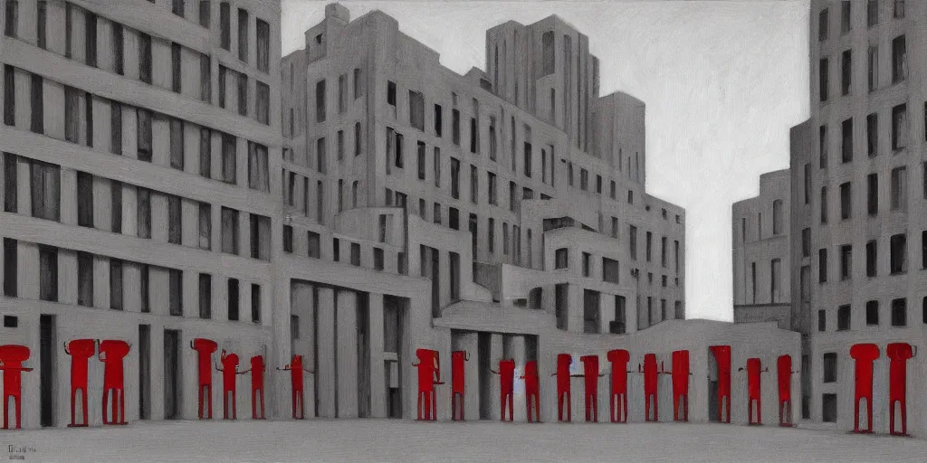 Image similar to red robots queue up in a stark grayscale brutalist town, street elevation, grant wood, pj crook, edward hopper, oil on canvas