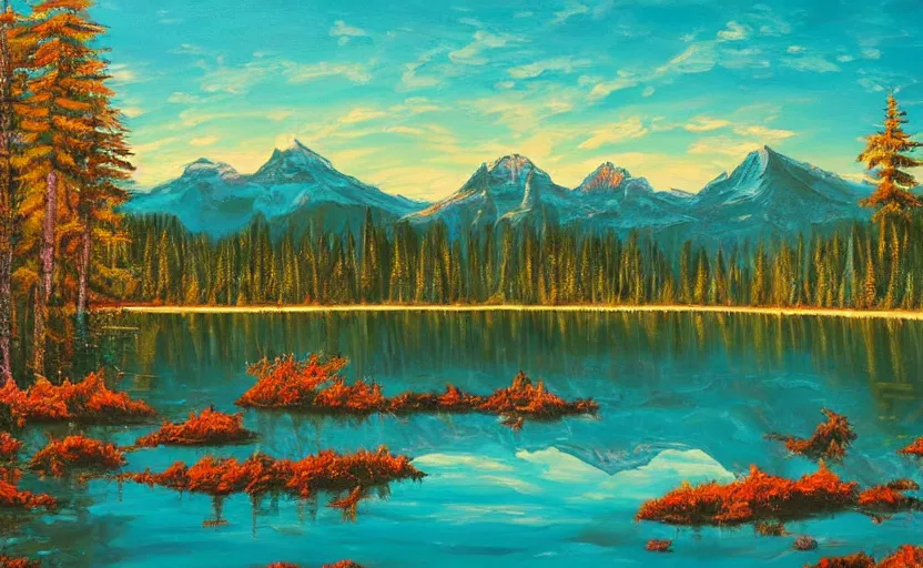 Image similar to beauti ful award winning synthwave painting of a canadian lake, extreme detail, 4 k, ultra hd