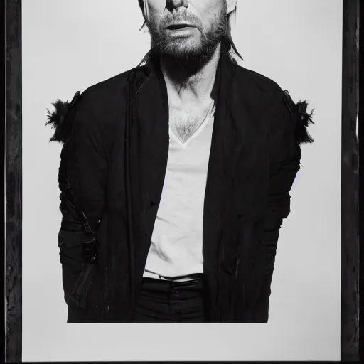 Image similar to Thom Yorke, a man with a beard and a black jacket, a portrait by John E. Berninger, dribble, neo-expressionism, uhd image, studio portrait, 1990s