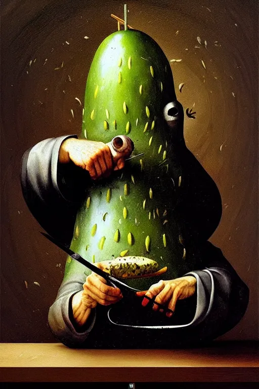 Image similar to hieronymus bosch, greg rutkowski, anna podedworna, painting of a pickle in a suit and eye with an eyepatch