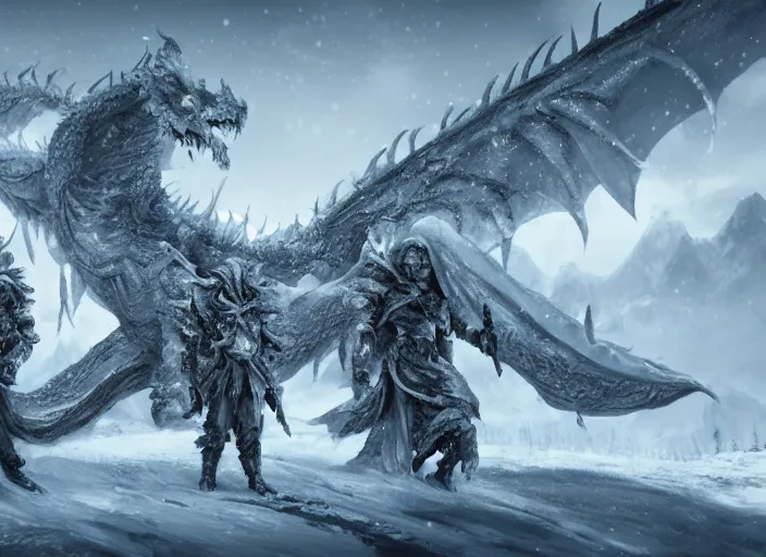 Prompt: a group of heroes in a snowy landscape next to a huge terrifying white dragon, intricate detail, indie game concept art, 8 k render, chaotic battle, trending on artstation