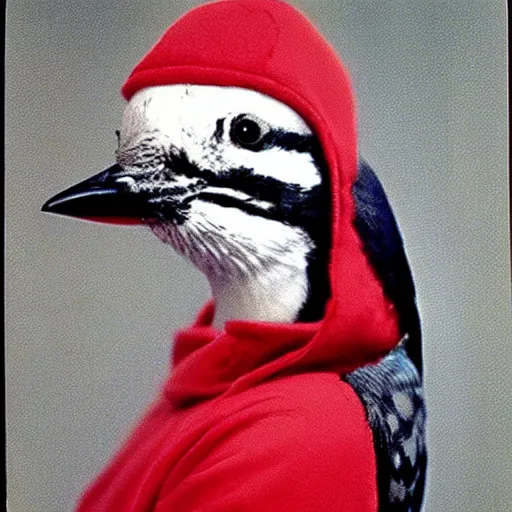 Prompt: a woodpecker wearing red hoodie, 8 0 s, polaroid photo, by warhol,