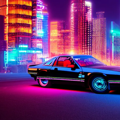 Image similar to a black 1 9 9 0 thunderbird idling in a neon cyberpunk city, 4 k resolution, highly detailed