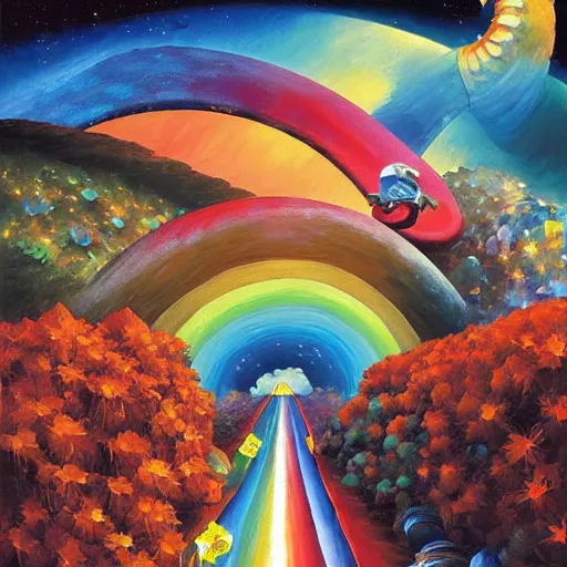 Image similar to rainbow road by james christensen, rob gonsalves, paul lehr, leonid afremov and tim white