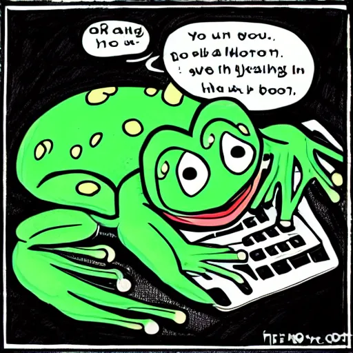 Image similar to peepo the frog!!!, lying on his bed with a laptop, crying!!!, sad lo-fi vibes, dramatic,