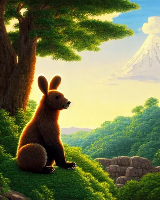 Image similar to a bear with rabbit ears, sitting in tokyo, city, sunny day, highly detailed, masterpiece, award winning, realistic, art by thomas cole and studio ghibli