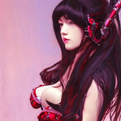 Image similar to a beautiful portrait of hatsune miku with long black and deep red colored hair dressed as a 1 9 6 0 s go - go dancer, intricate, elegant, highly detailed, digital painting, artstation, concept art, matte, sharp focus, illustration, art by greg rutkowski and alphonse mucha