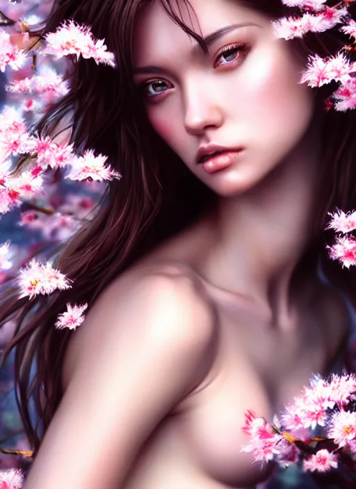 Image similar to photo of a gorgeous female with messy hair in the style of stefan kostic, realistic, body shot, sharp focus, 8 k high definition, insanely detailed, intricate, elegant, art by stanley lau and artgerm, cherry blossoms