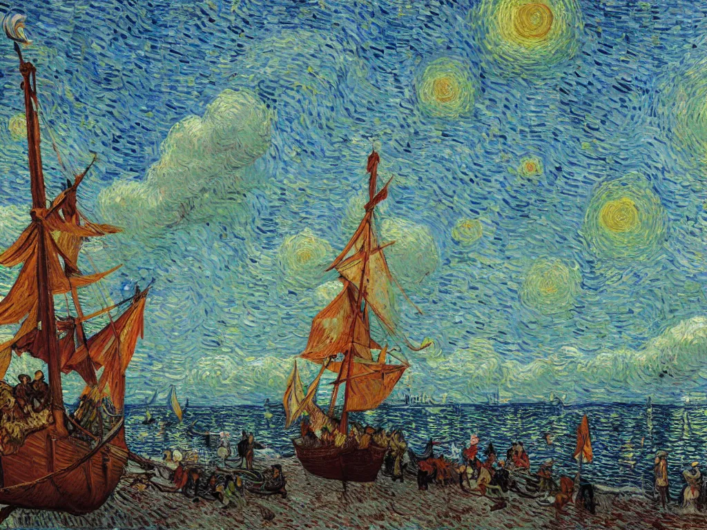 Prompt: oil painting of a viking longship invading south beach miami, light scatter, van gogh