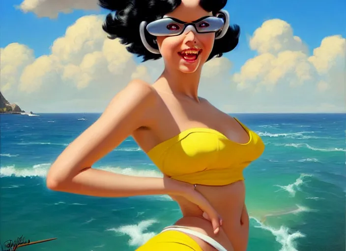 Image similar to the style of the artist gil elvgren, a girl with black hair, overwatch tracer, with a very beautiful symmetrical face, a smile on her face, tanned skin, in a yellow bikini, against the background of a sea beach, in art style, high detail, digital painting, hyperrealism