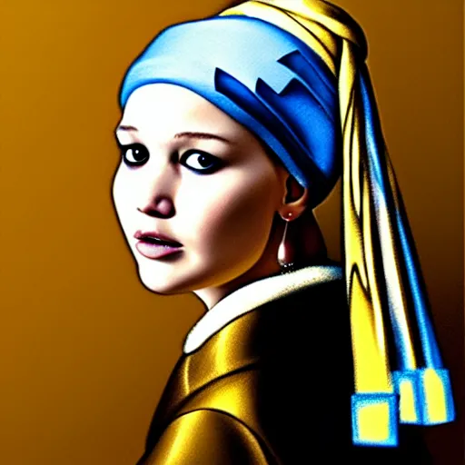 Image similar to portrait of Jennifer Lawrence in the style of Girl with a Pearl Earring by Johannes Vemeer, oil painting, masterpiece, old master, grand master, symmetrical facial features, intricate, elegant, digital painting, concept art, smooth, sharp focus, illustration, from StarCraft by Ruan Jia and Mandy Jurgens and Artgerm and William-Adolphe Bouguerea