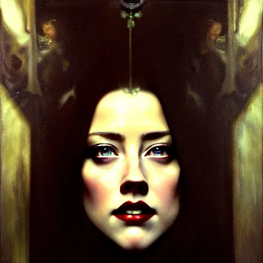 Prompt: hyperrealistic portrait of amber heard as a vampire witch in a black coat as a reflection in an ornate mirror. by jeremy mann and alphonse mucha, fantasy art, photo realistic, dynamic lighting, artstation, poster, volumetric lighting, very detailed faces, 4 k, award winning