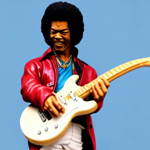 Image similar to a porcelain figurine of jimmy hendrix playing the guitar, product shot